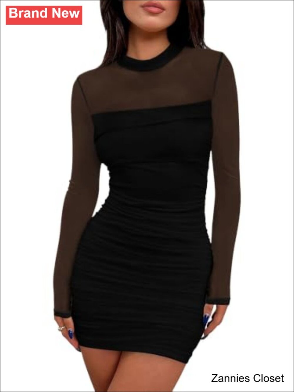 👻 WIHOLL Women's Mesh Sheer Long Sleeve Ruched Mini Dress Bodycon Mock Neck